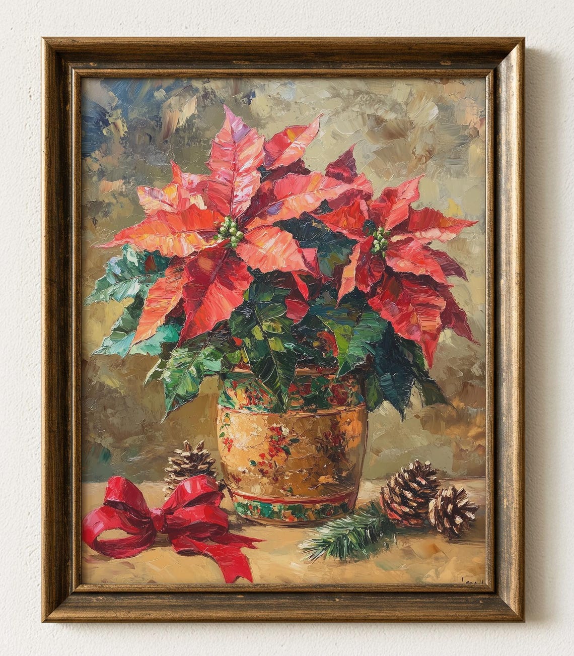 Poinsettia Christmas Oil Painting Vintage Holiday Wall Art 607