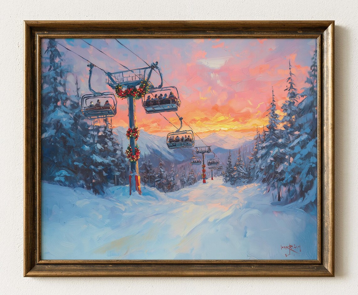 Ski Lift Sunset Poster, Rustic Mountain Landscape