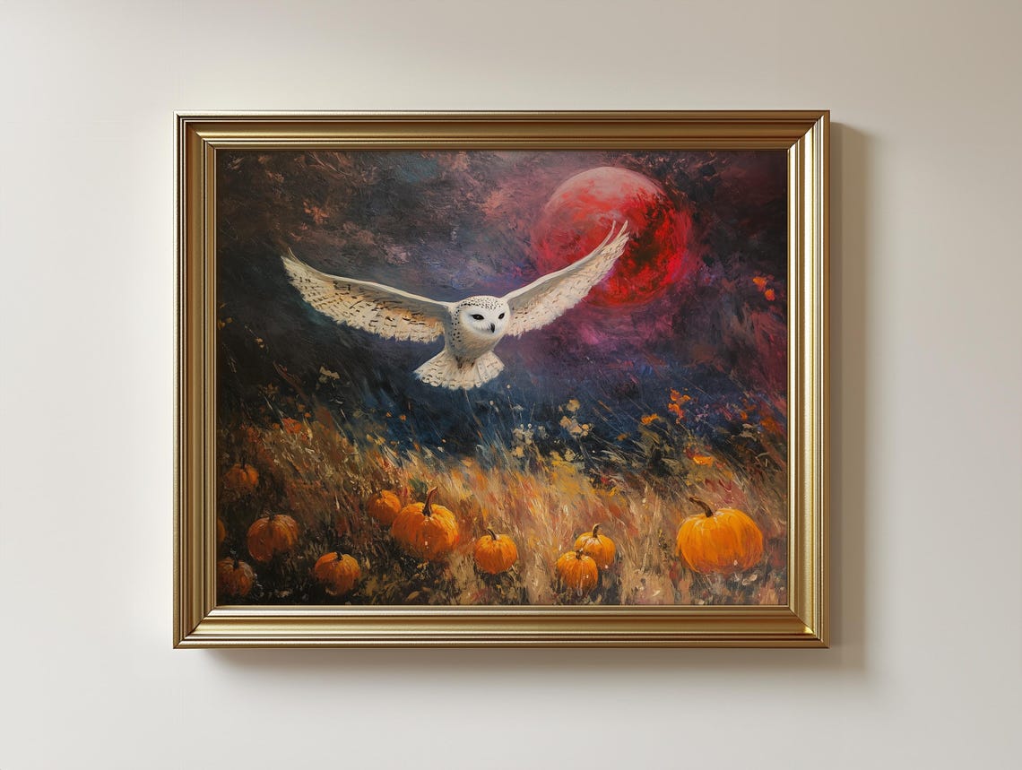 Snowy Owl Flying Over Pumpkin Field Under Red Moon Oil Painting Poster