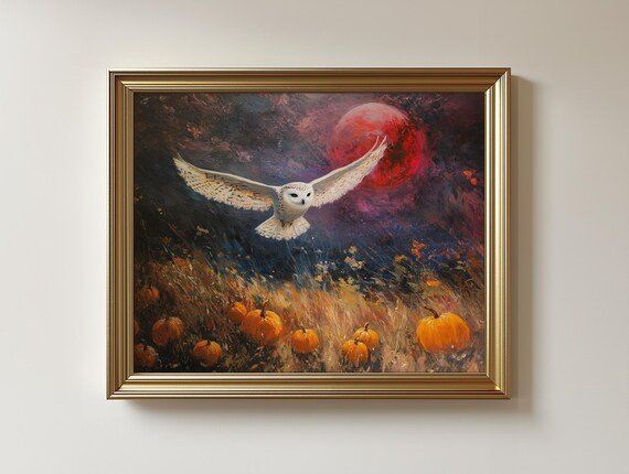 Snowy Owl Moonlit Field Print Rustic Autumn Wall Art