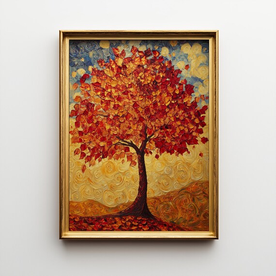Crimson Sugar Maple Tree Print Rustic Autumn Landscape 473