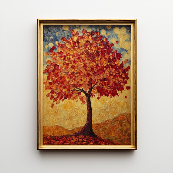 Lone Red Tree Impasto Oil Swirling Golden Blue Sky Art Poster