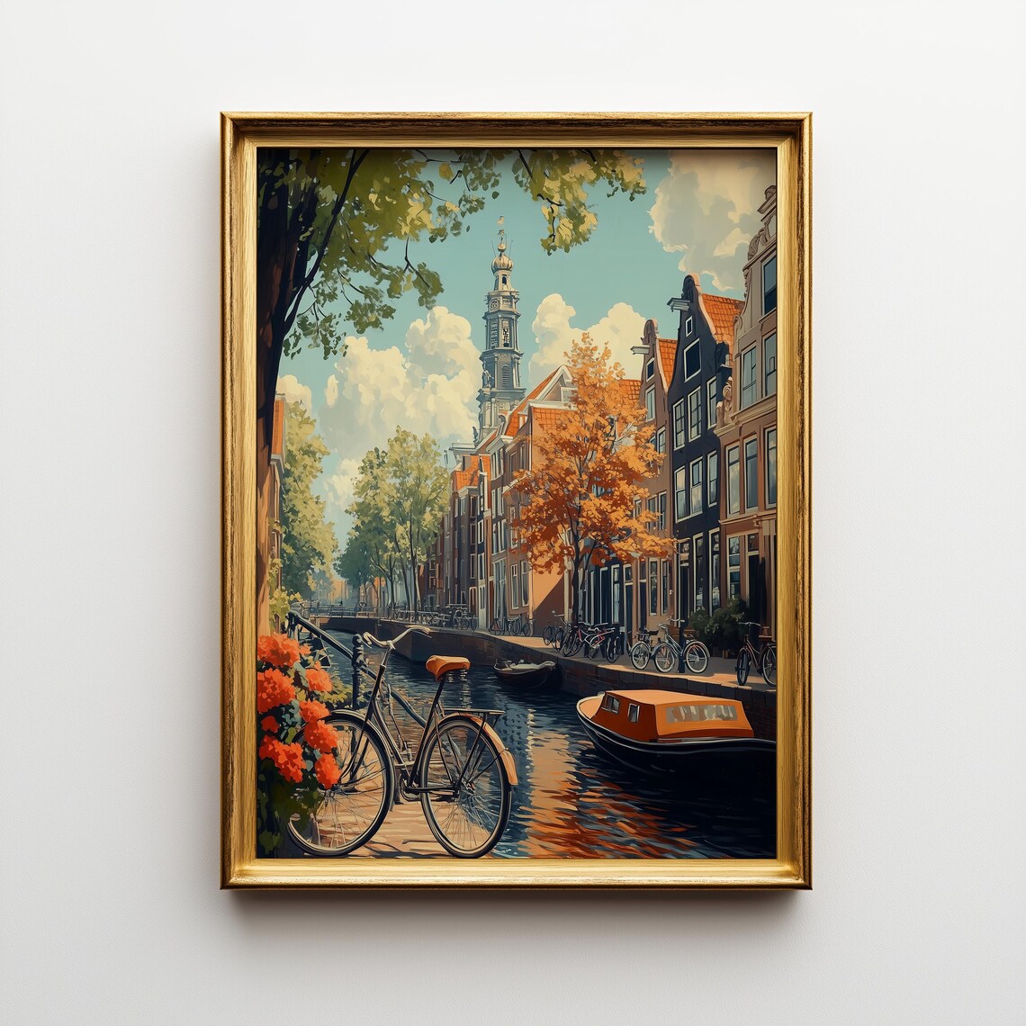 Amsterdam Canal Print, Vintage Autumn Cityscape