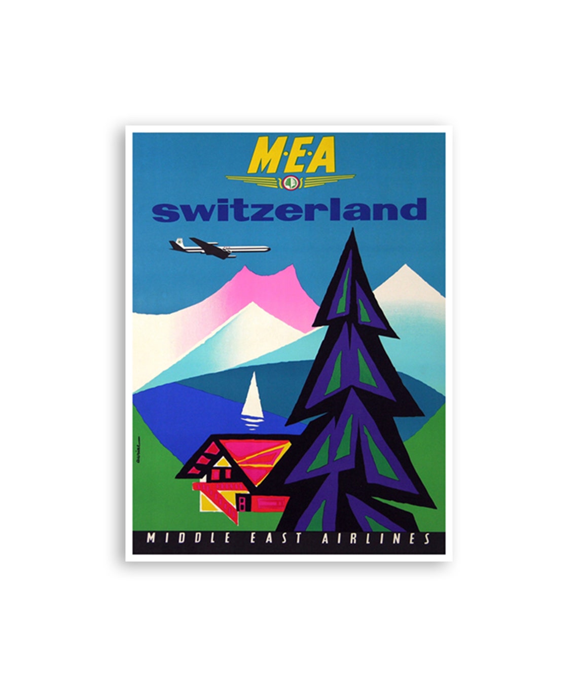 Switzerland Middle East Airlines Chalet Pine Lake Vintage Poster