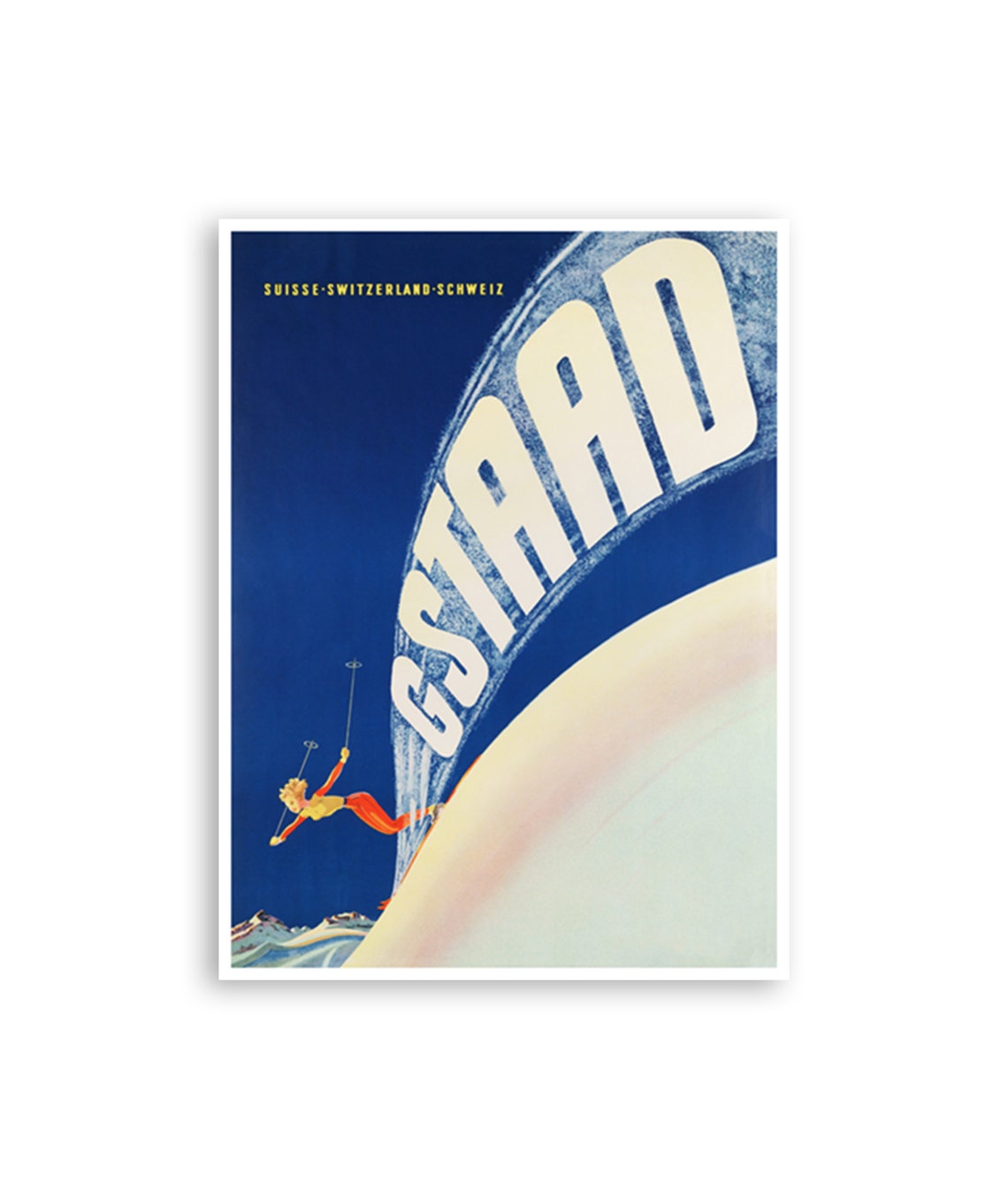Gstaad Switzerland Night Ski Trail Alpine Skier Vintage Ski Poster