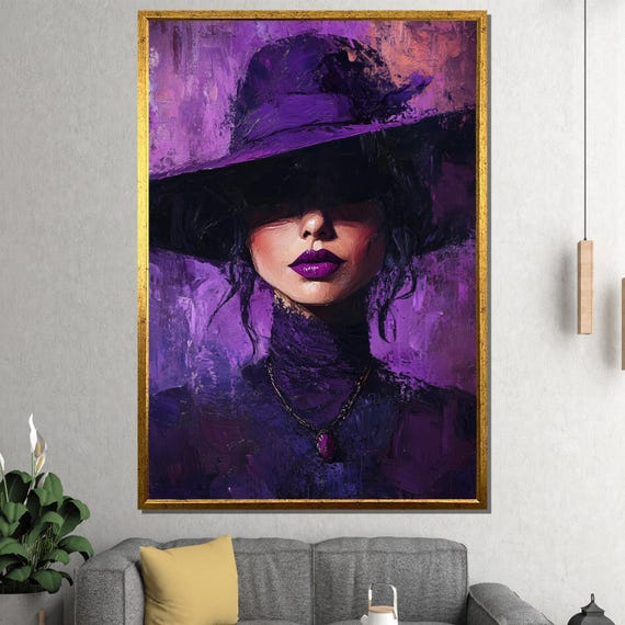 Purple Hat Woman Canvas Painting Bold Fashion Portrait Wall Art Ready To Hang Gift For Her And Glamorous Modern Decor