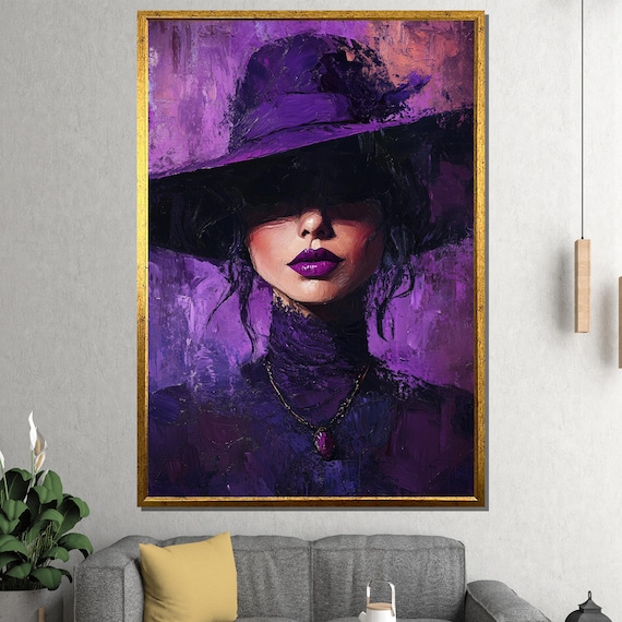 Purple Hat Woman Mysterious Oil Portrait Bold Fashion Violet Poster
