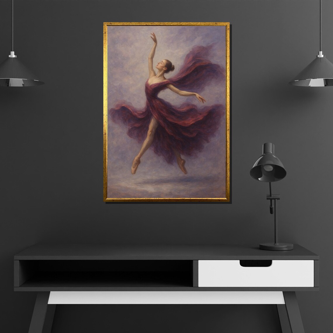 Ballerina In Flowing Burgundy Dress Romantic Dance Oil Painting Poster - Image 2