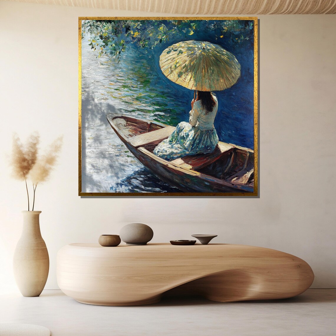 Girl With Parasol in Boat Romantic Summer Lake Impressionist Poster