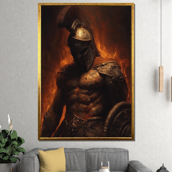 Spartan Warrior Bronze Armor Flames Epic Ancient Battle Poster