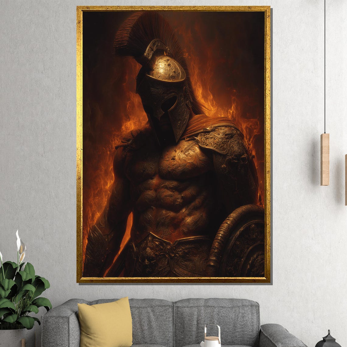 Spartan Warrior Bronze Armor Flames Epic Ancient Battle Poster