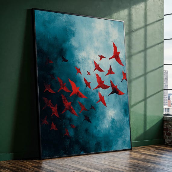 Moody Red Bird Flock Art Canvas Painting Minimalist Boho Wall Ready To Hang Gift Silhouette Decor Nature Home Accent