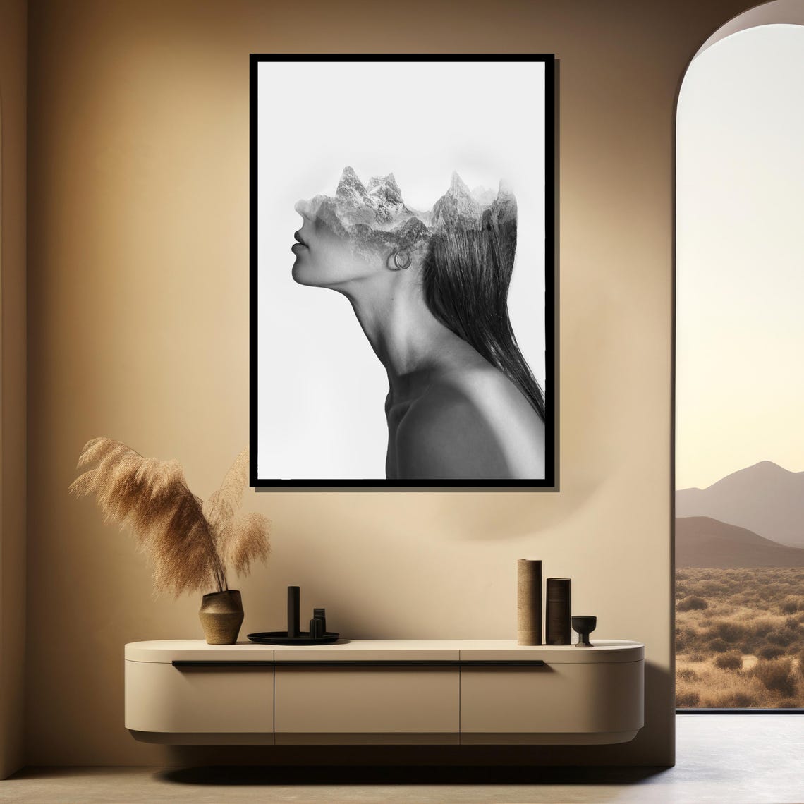 Double Exposure Mountain Woman Minimalist Black White Profile Poster - Image 3