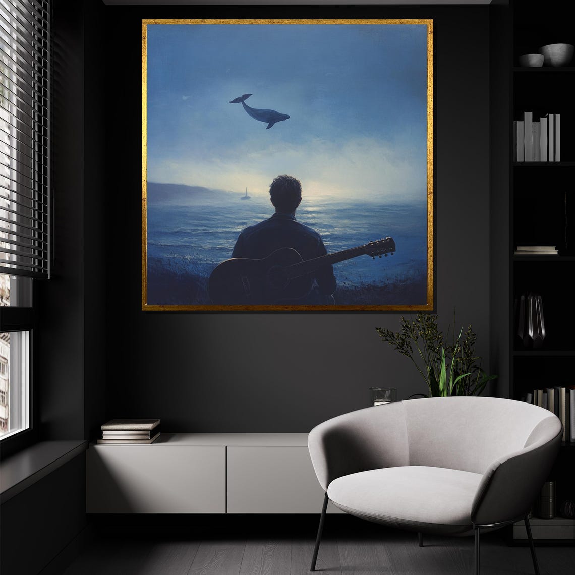 Moonlit Sea Guitarist Silhouette Flying Whale Surreal Ocean Art Poster - Image 4