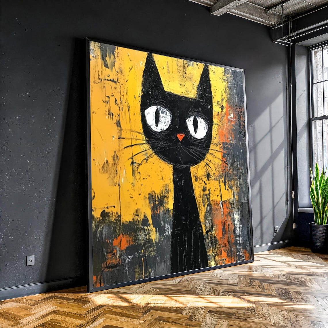 Quirky Black Cat Wide Eyes Yellow Abstract Whimsical Art Poster