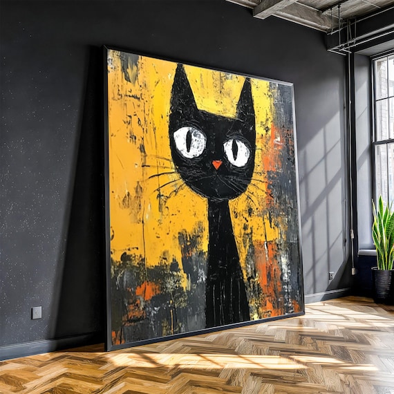Quirky Black Cat Wide Eyes Yellow Abstract Whimsical Art Poster