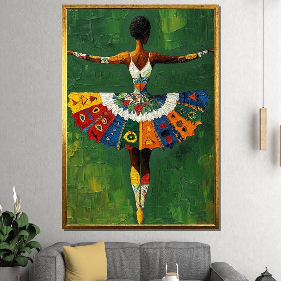 African Ballerina Canvas Painting Colorful Textured Dance Wall Art Ready To Hang Gift For Her And Afro Modern Decor