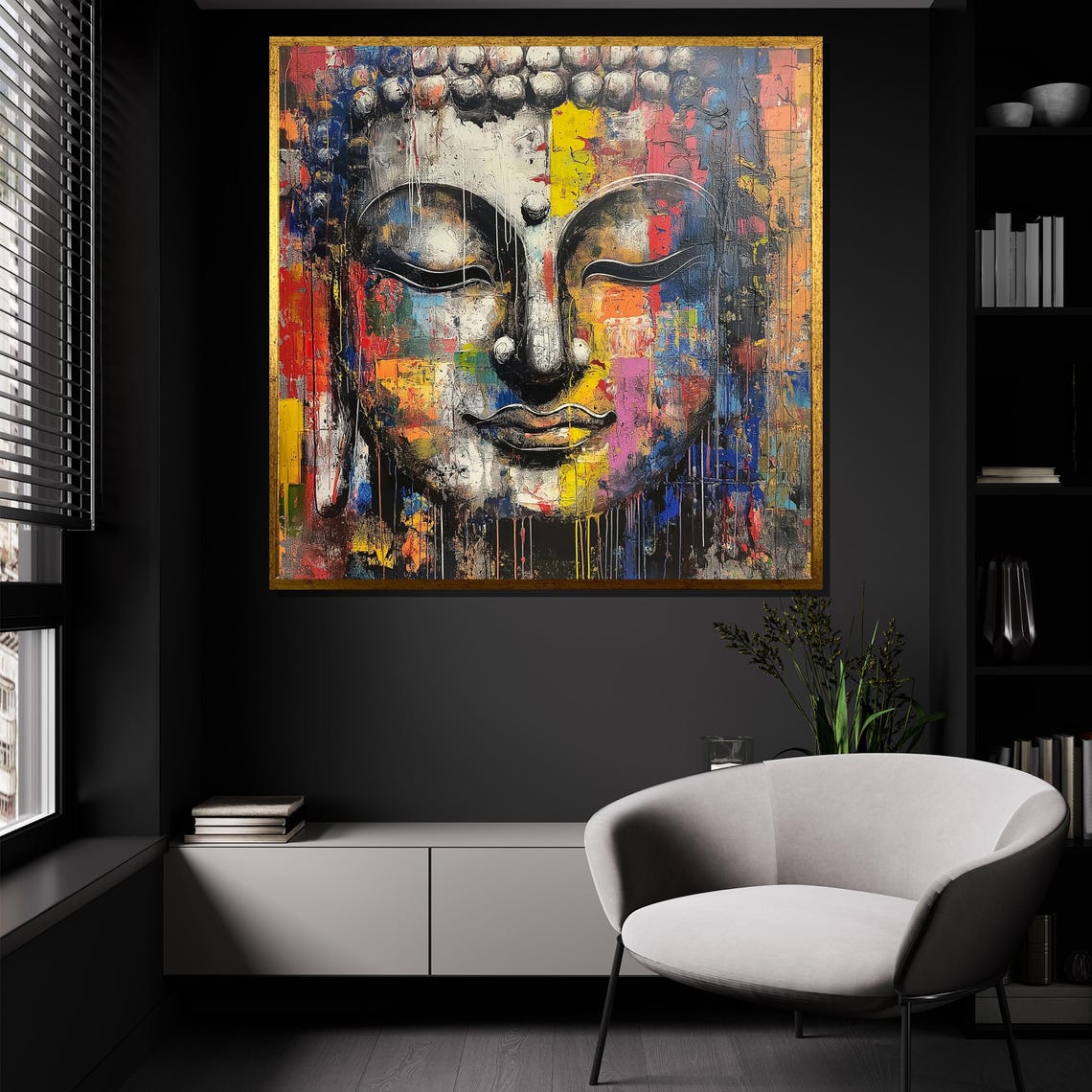 Serene Colorful Buddha Face Zen Impasto Abstract Painting Poster - Image 2