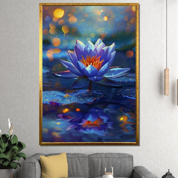 Blue Flower Canvas Painting Zen Water Lily Wall Art Ready To Hang Meditation Decor Yoga Studio Gift