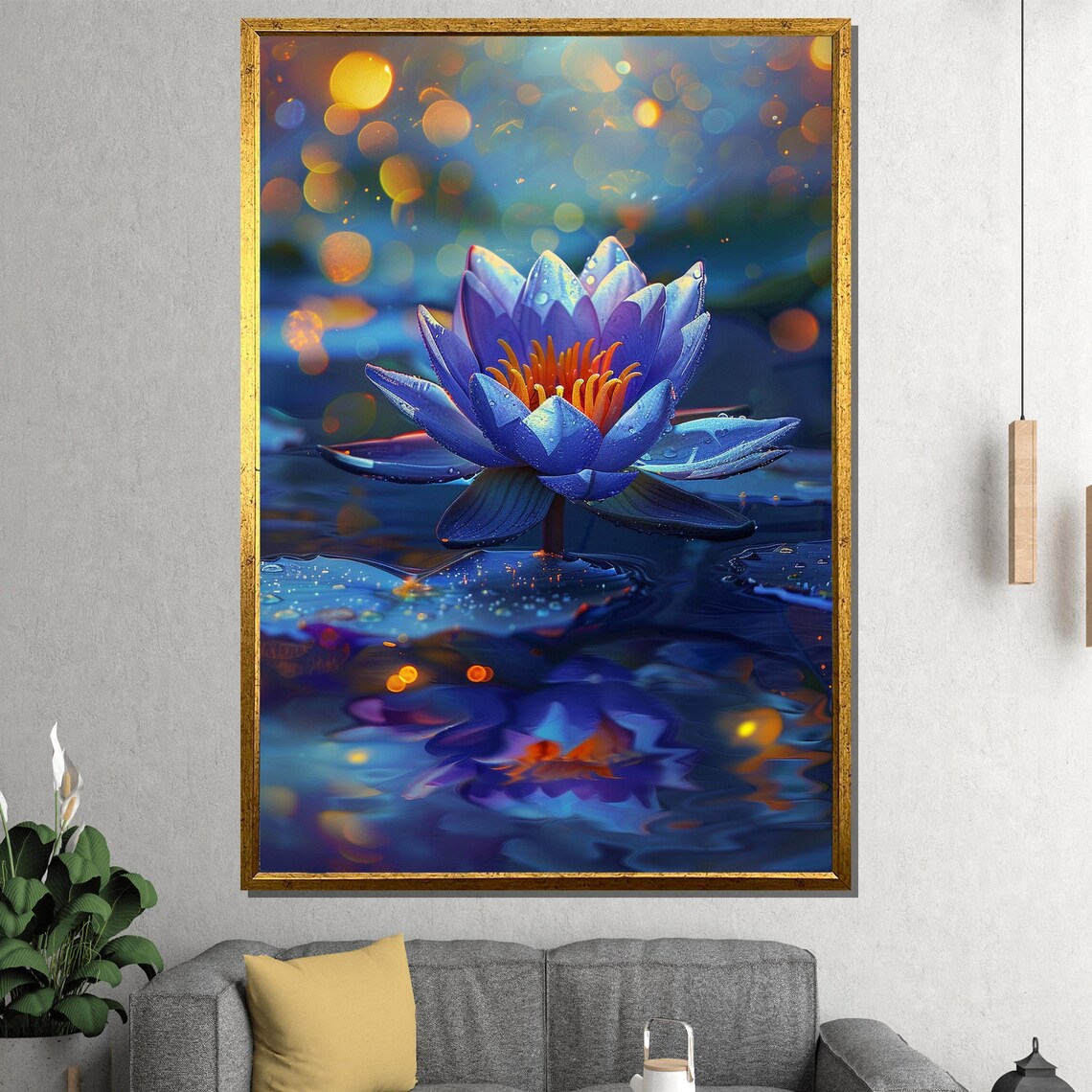 Blue Water Lily Night Bloom Golden Bokeh Luminous Art Poster