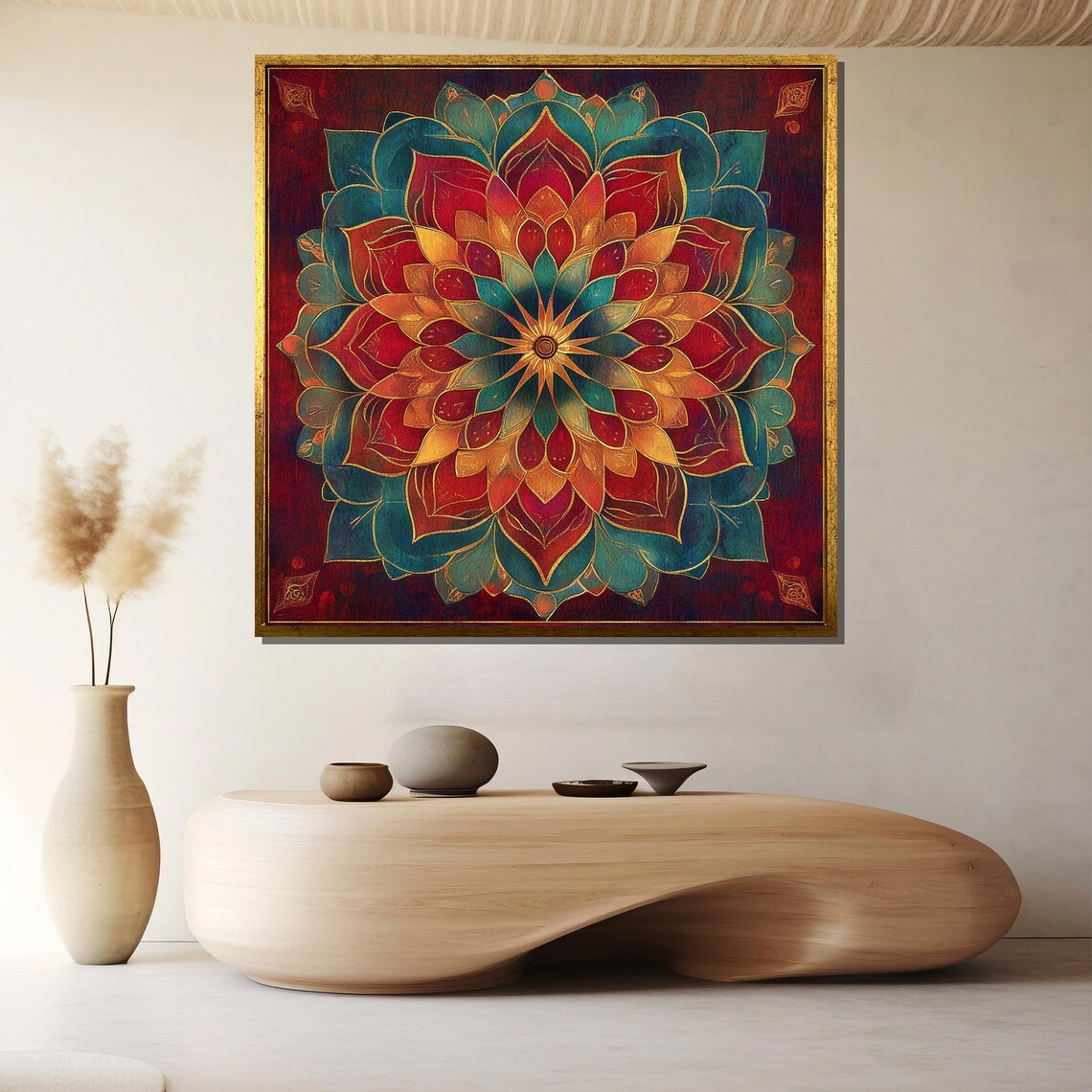 Teal Red Gold Mandala Radiant Harmony Yoga Meditation Art Poster