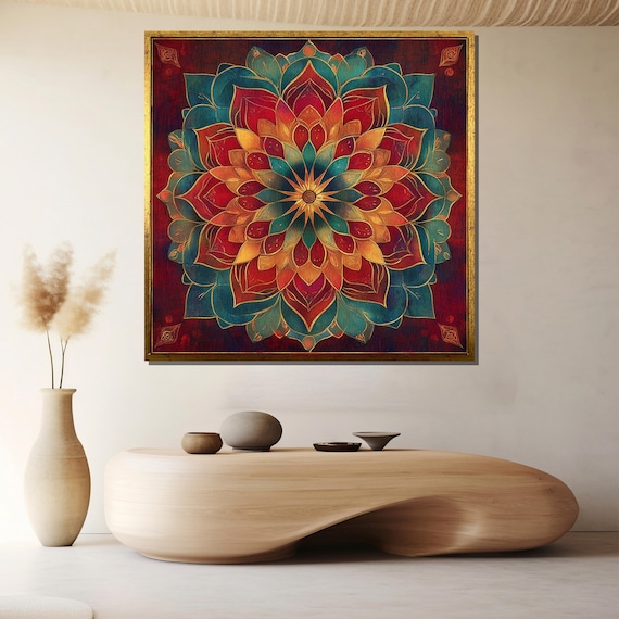 Teal Red Gold Mandala Radiant Harmony Yoga Meditation Art Poster