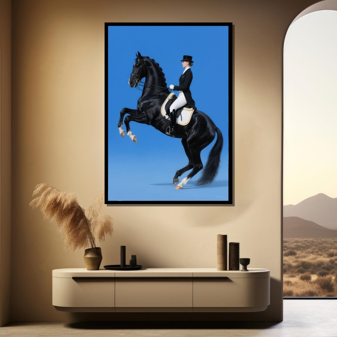 Dressage Rider on Black Horse Rearing Royal Blue Equestrian Poster - Image 3