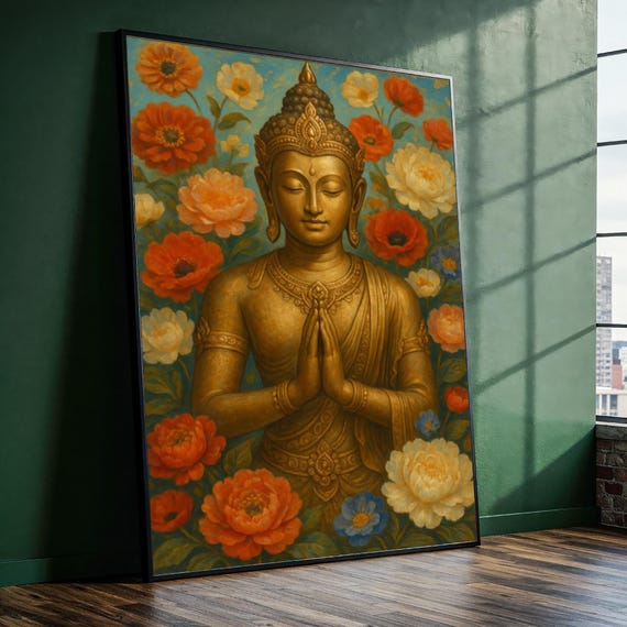 Floral Buddha Canvas Painting Golden Zen Wall Art Ready To Hang Gift For Mindfulness Lovers