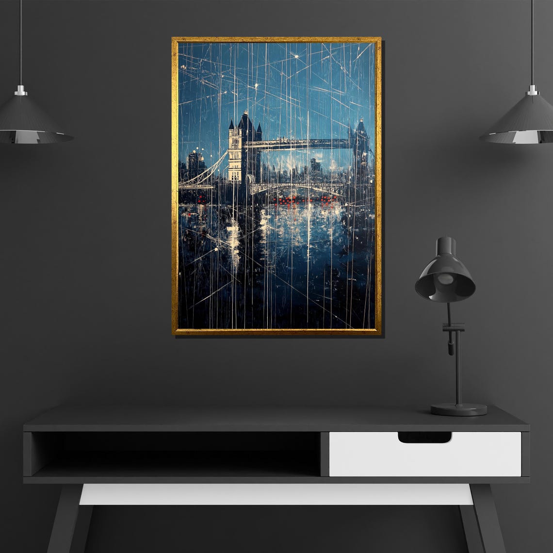 London Tower Bridge Rainy Night Blue Reflection Cityscape Poster - Image 2
