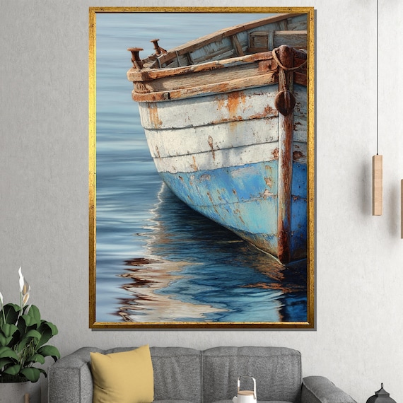 Weathered Blue Wooden Boat Hull Closeup Calm Water Reflection Nautical Poster