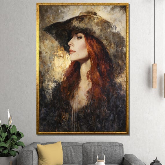 Redhead Cowgirl With Cowboy Hat Canvas Painting Abstract Western Wall Art Ready To Hang Rustic Decor Gift