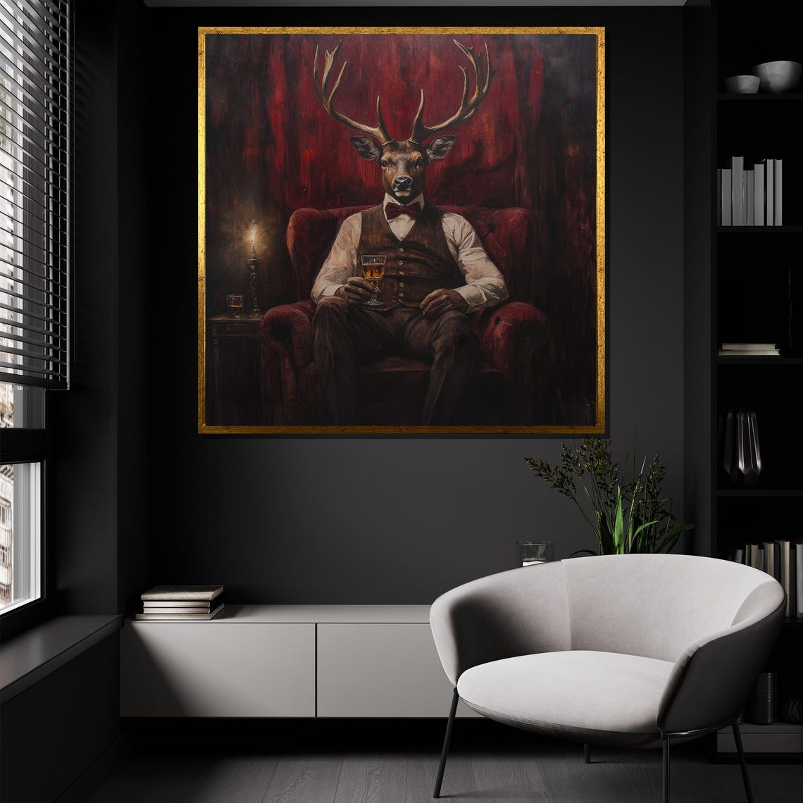 Gentleman Deer Canvas Painting Anthropomorphic Stag Wall Art Ready To Hang Gift For Whiskey Lovers - Image 4