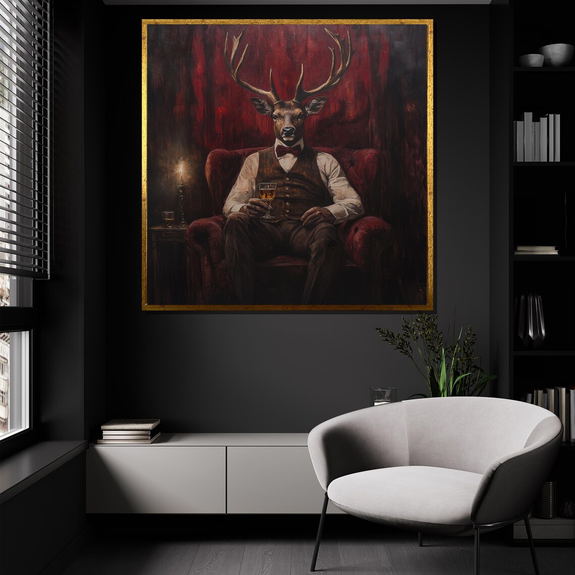 Gentleman Stag in Bow Tie Velvet Chair Whiskey Anthropomorphic Poster - Image 4