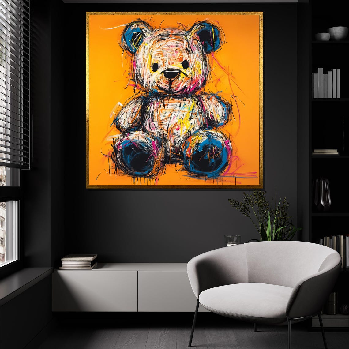 Vibrant Teddy Bear Canvas Painting In Bold Orange Abstract Sketch Art For Nursery Wall Decor Ready To Hang Gift Boho - Image 4