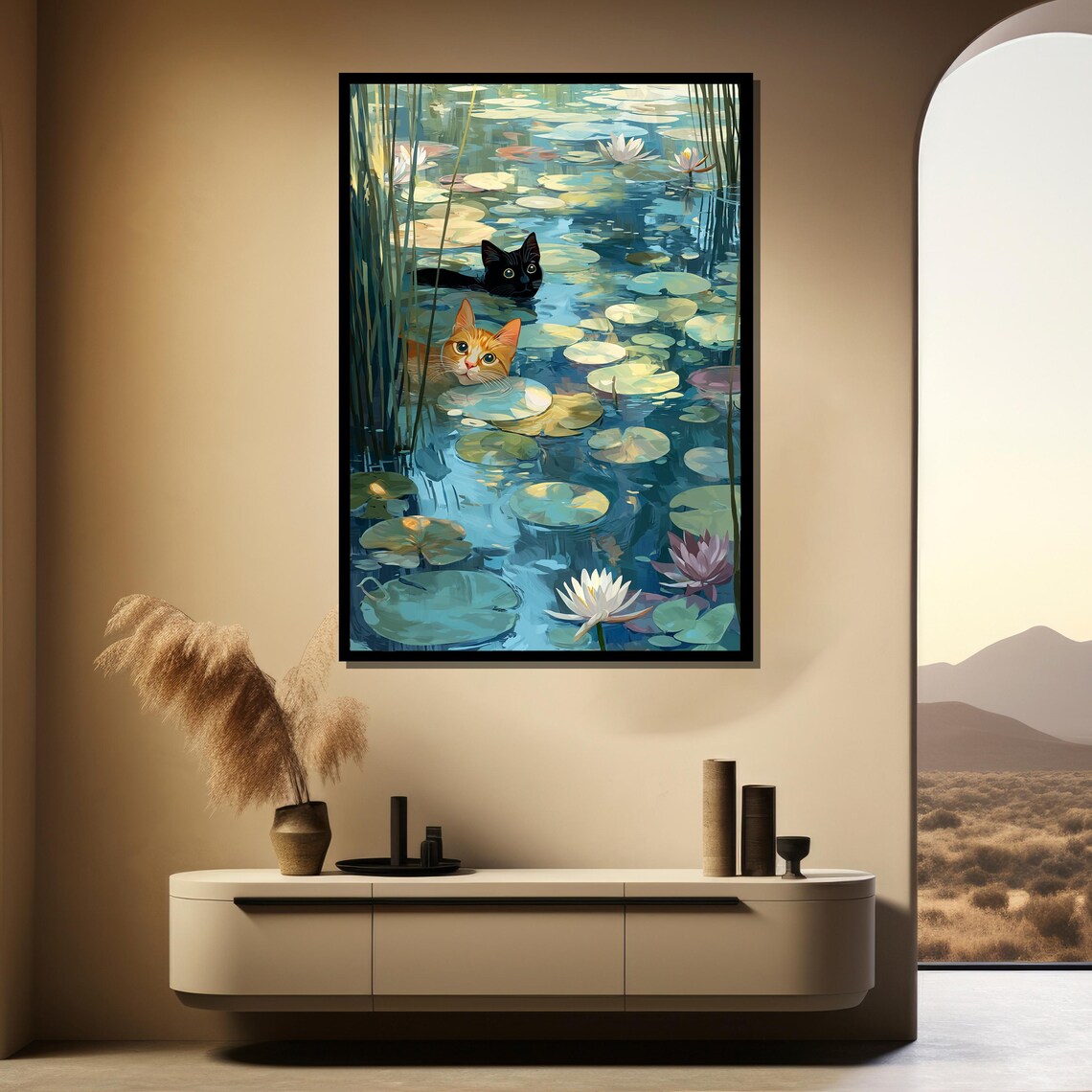 Two Cats Swimming Among Water Lilies Pond Flowers Whimsical Pet Painting Poster - Image 3