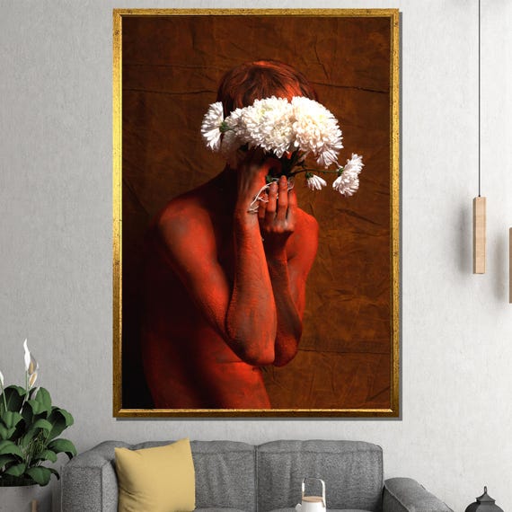 Red Body With White Flowers Canvas Painting Conceptual Figurative Wall Art Bold Emotional Gift For Modern Interiors Studio Or Gallery