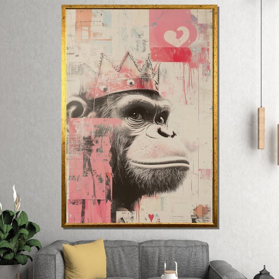 Crowned Chimp Canvas Painting Pink Urban Pop Wall Art Ready To Hang Gift For Modern Lovers