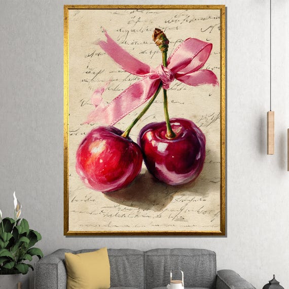 Glossy Cherry Duo Tied With Pink Ribbon Evokes Modern Kitchen Charm Canvas Painting Ready To Hang Gift Boho Wall Art