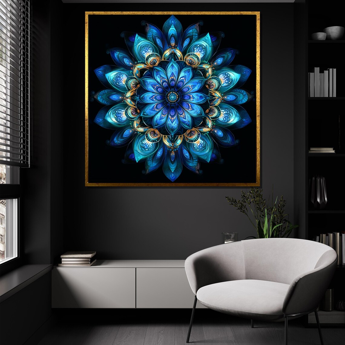 Teal Mandala Flower Black Background Geometric Symmetry Poster - Image 3