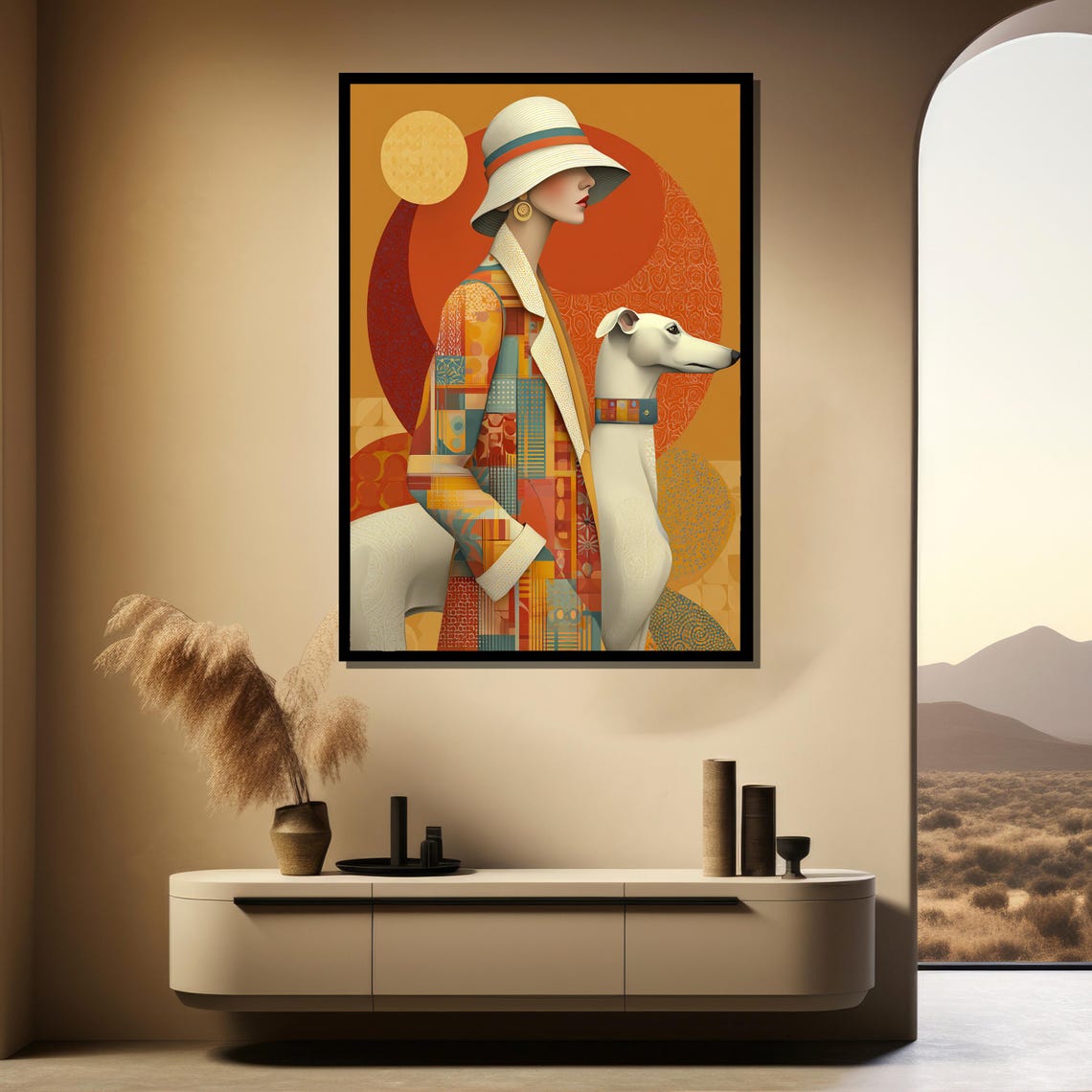 Modern Woman And Dog Canvas Painting Stylish Retro Wall Art In Warm Tones Elegant Fashion Portrait Sophisticated Gift For Home - Image 3