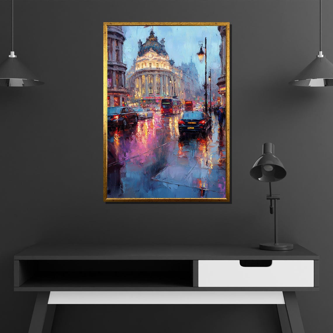 London Rainy Street Travel Poster, Urban Night Art - Image 2