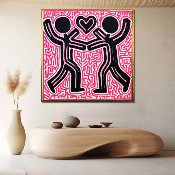 Love Figures Pop Art Canvas Painting Bold Heart Wall Ready To Hang Romantic Gift For Couples