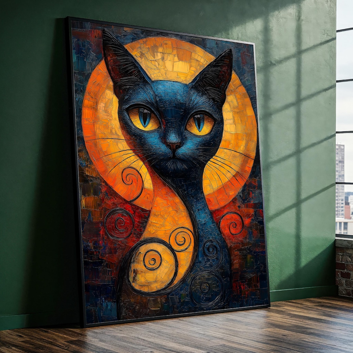Black Cat Golden Moon Art Nouveau Style Whimsical Feline Oil Painting Poster