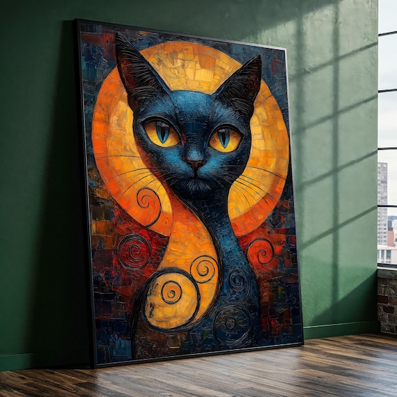 Black Cat Golden Moon Art Nouveau Style Whimsical Feline Oil Painting Poster