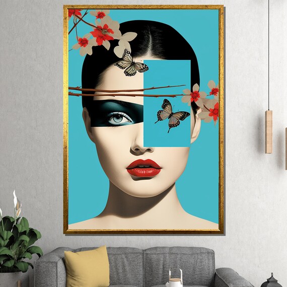 Modern Woman With Butterflies Canvas Painting Geometric Pop Art Portrait Cherry Blossoms Bold Gift For Home Studio Or Fashion Space