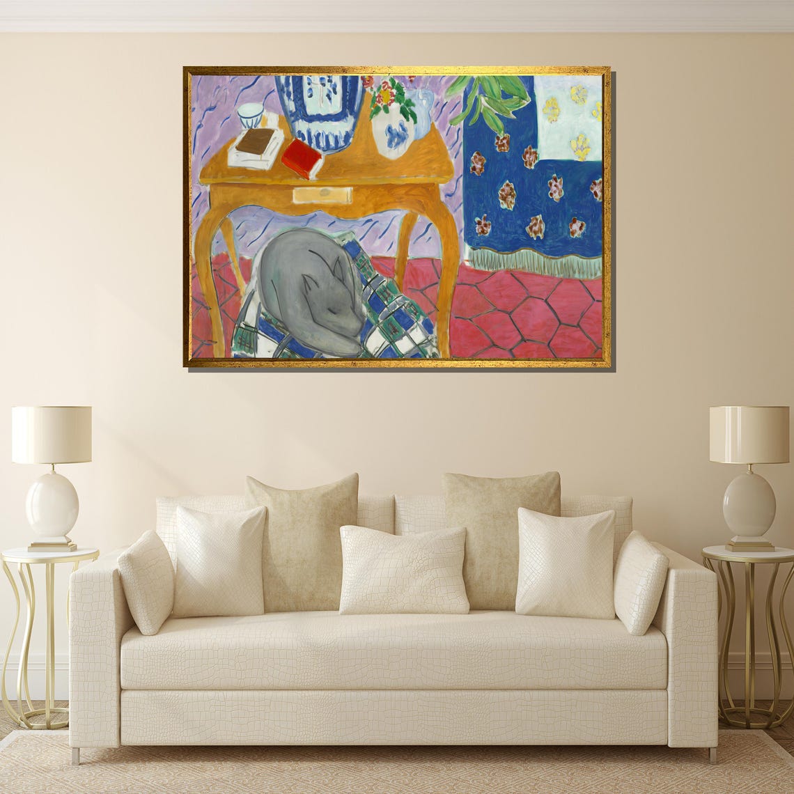 Blue And White Vase Still Life With Sleeping Cat Matisse Style Poster - Image 3