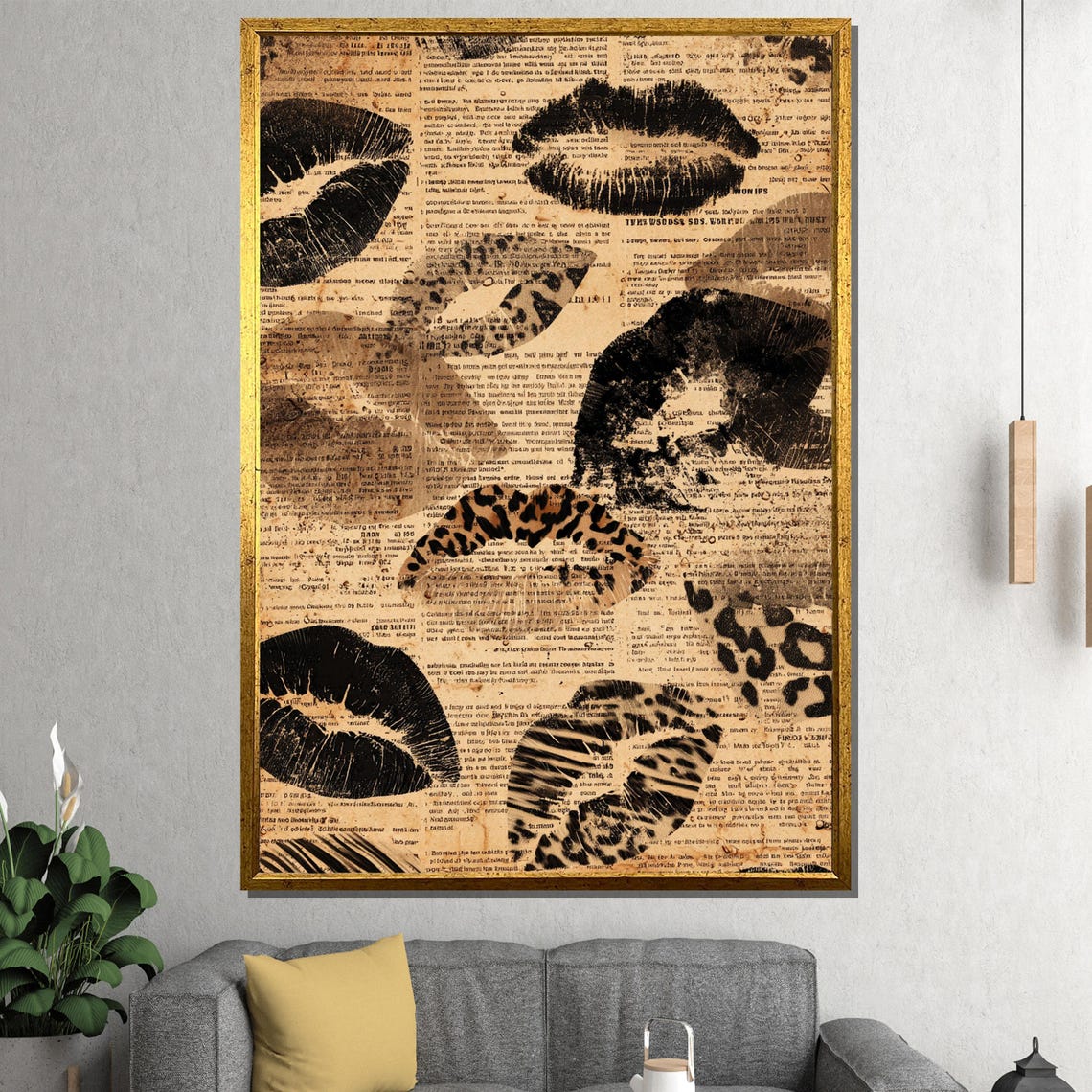 Leopard Print Lipstick Kiss Collage Canvas Painting Ready To Hang Gift Boho Glam Pop Art Wall Decor