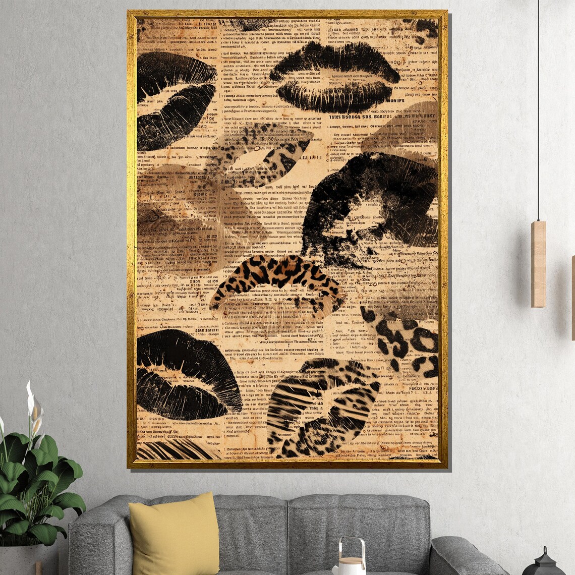 Leopard Spots Lipstick Kiss Marks Vintage Newspaper Collage Art Poster