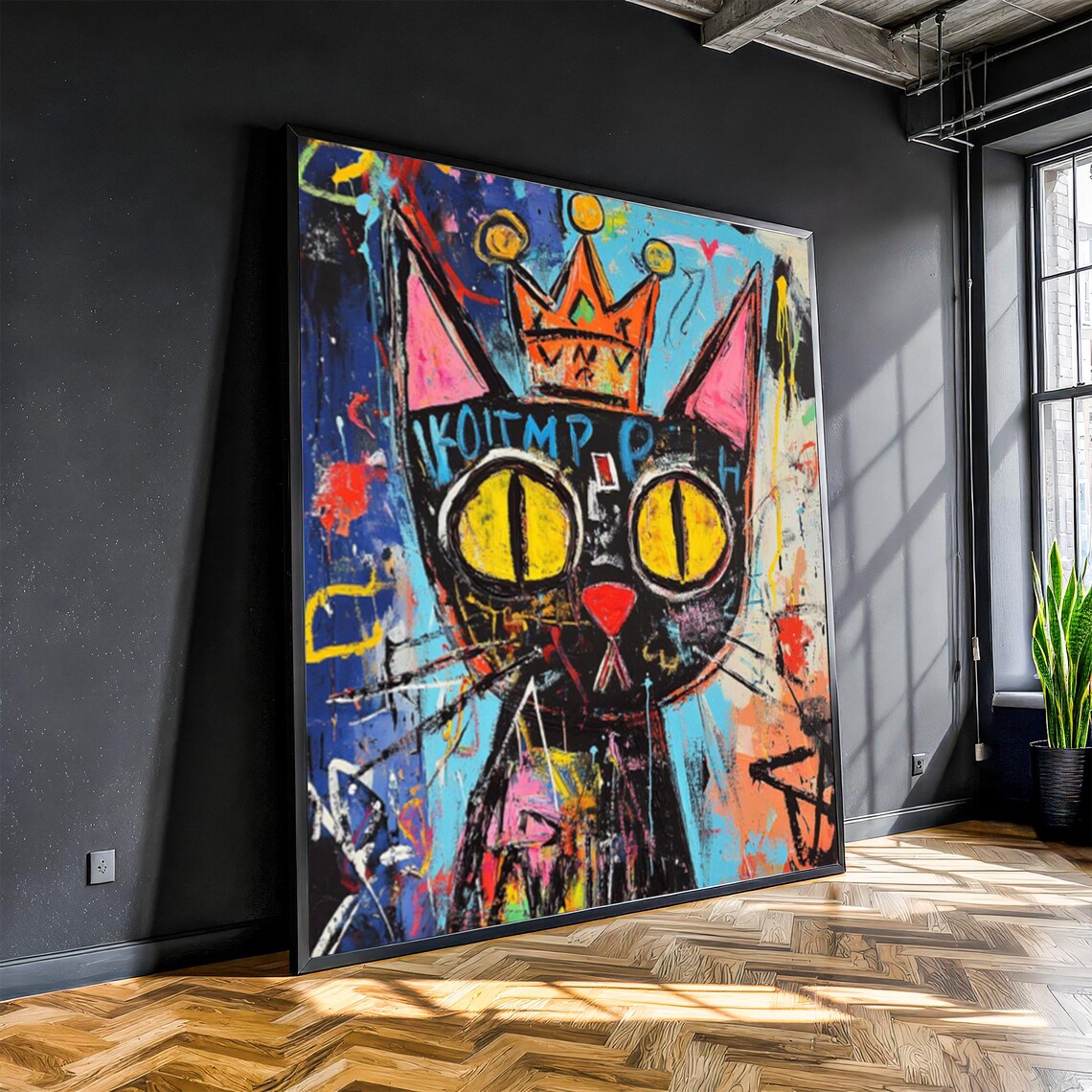 Streetwise Graffiti Crowned Cat Bold Urban Street Pop Art Poster