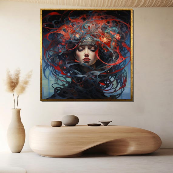 Mystic Woman Portrait Abstract Fantasy Canvas Wall Art Ethereal Red And Blue Flow Dreamy Female Face For Modern Bold Interior Accent